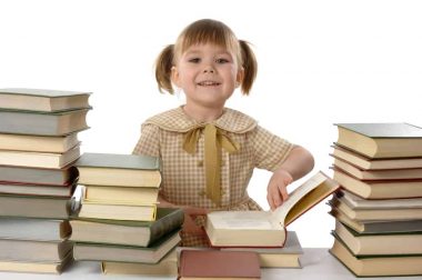 Little girl with books, back to school, isolated over white